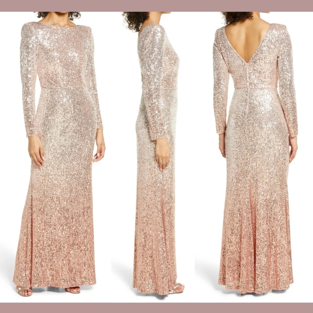 NEW $248 Eliza J [ 14 ] Long Sleeve Ombre Sequined Gown in Rose &‎ Silver